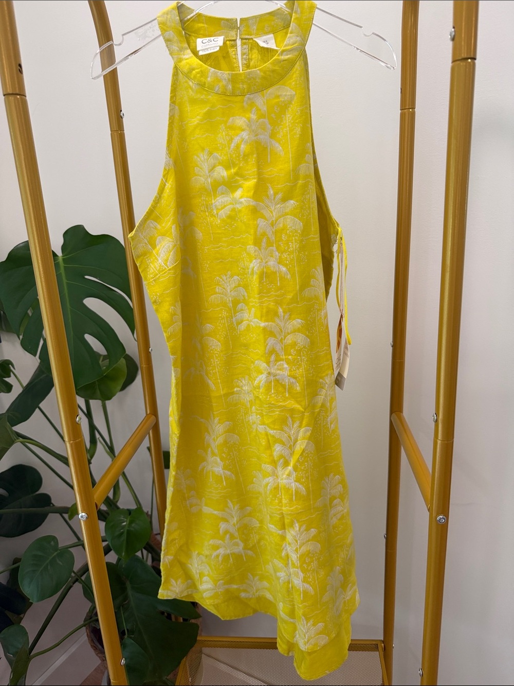 C&C California Yellow Palm-Print Midi Dress